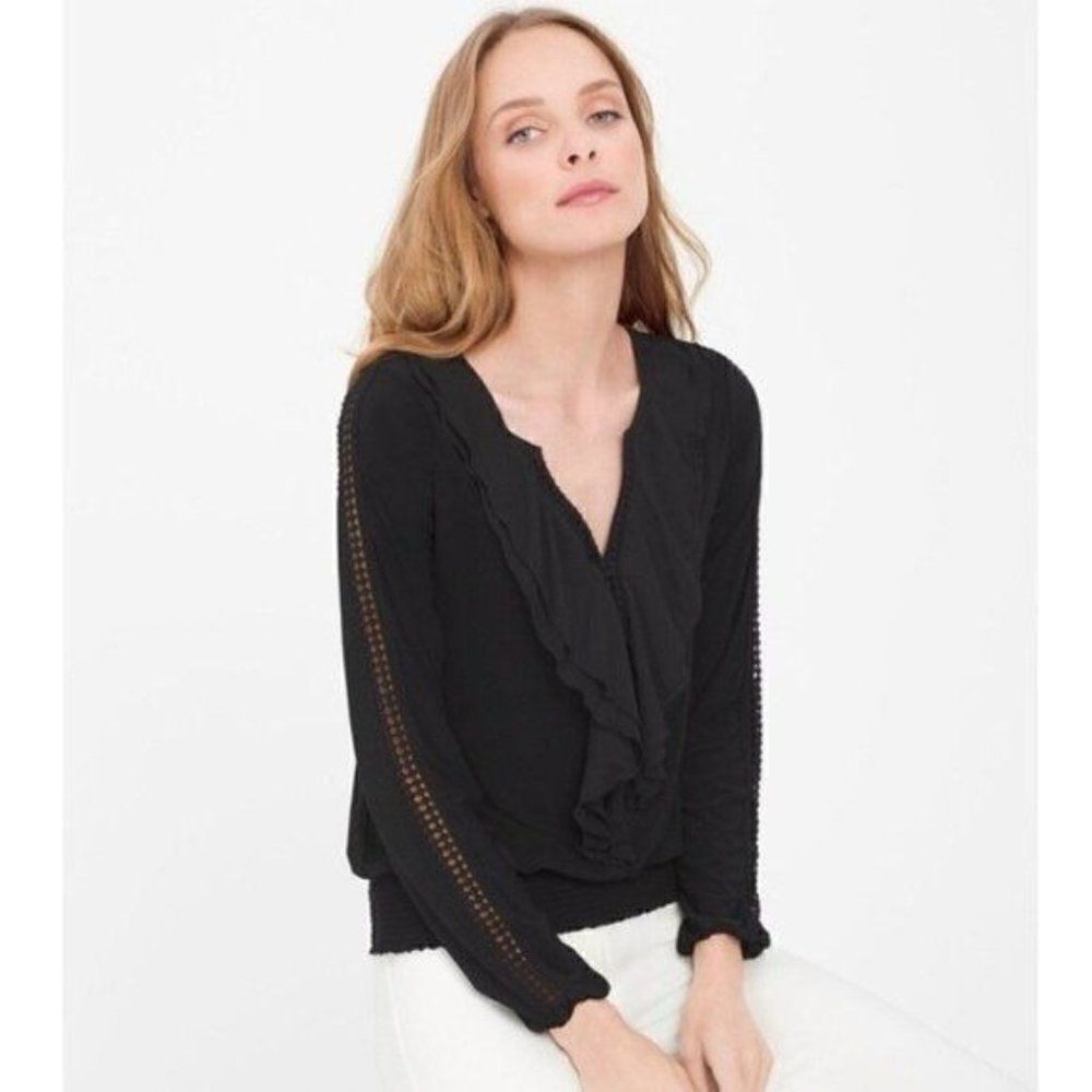 White House Black Market Cascading Ruffle Long Sleeve Shirt w Crochet Lace Trim